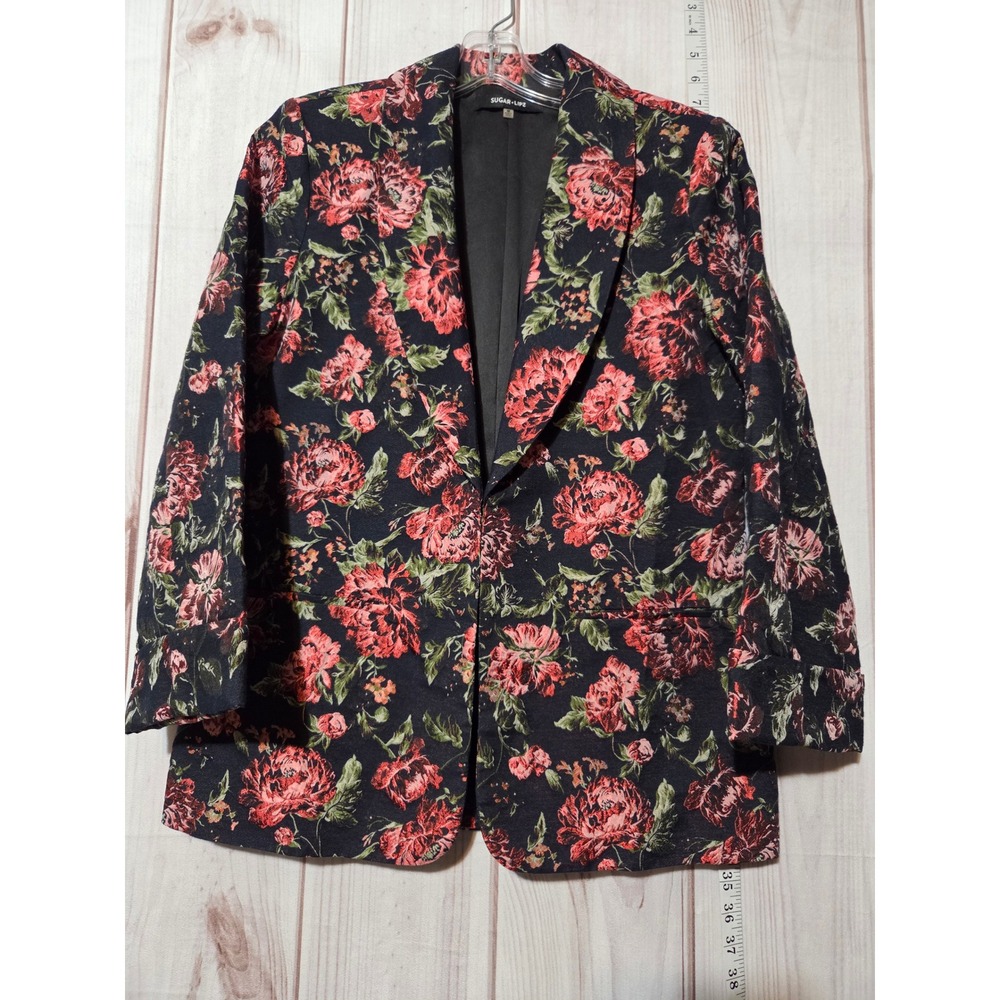 Sugar Lips Floral Blazer‎ Womens Medium Red Pink Rose Tapestry Hook Eye J1520DR